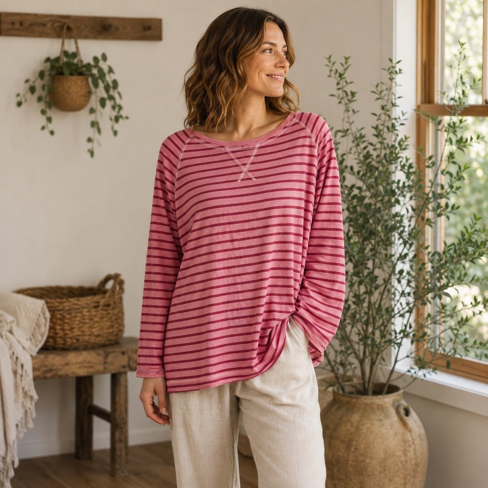 Soft Surroundings Tunic Shirt Oversized Pink Striped Cotton Linen Relaxed Medium